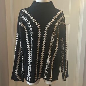 French Connection Black and White Sweater Embroidered Sz XS mock neck
